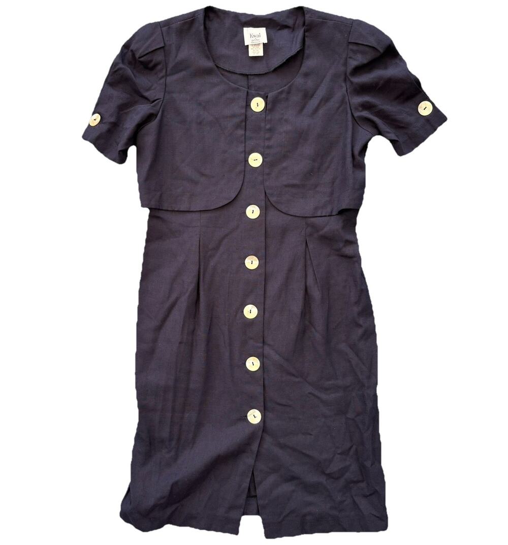 Kwai Petites VTG Linen Nautical 90s Mid Pencil Dress Size 8P Seashell Button